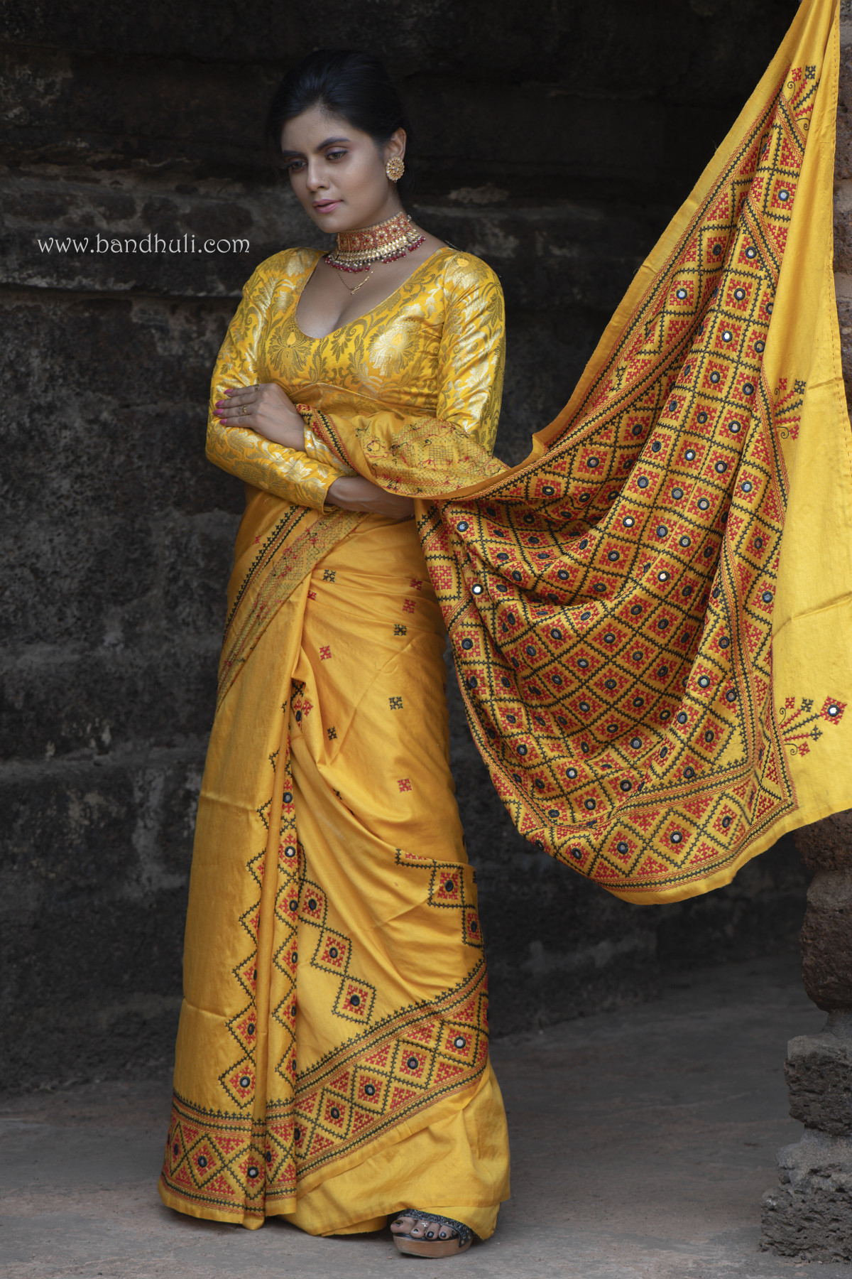 Hand Embroidery Gujrathi stitched Golden Yellow Color silk saree